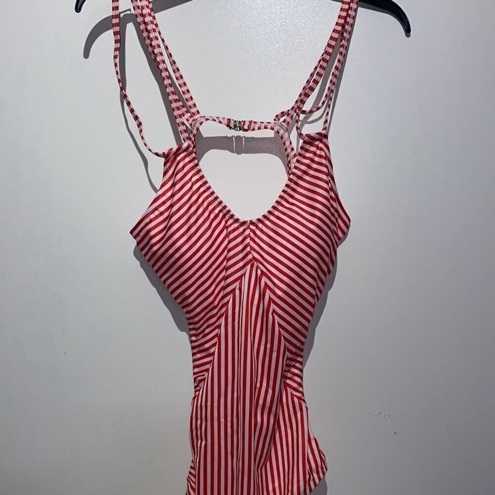 Avidlove Women's Red & White Striped V-neck Open Back One Piece Swimsuit XXL NWT